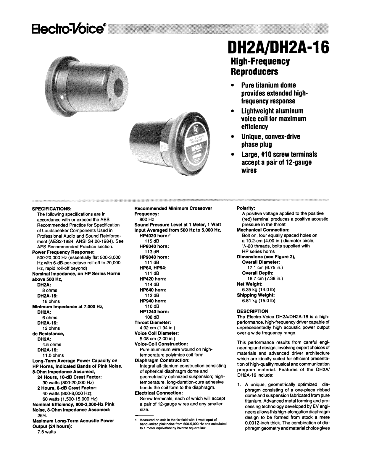 Electro-Voice DH2A, DH2A-16 User Manual