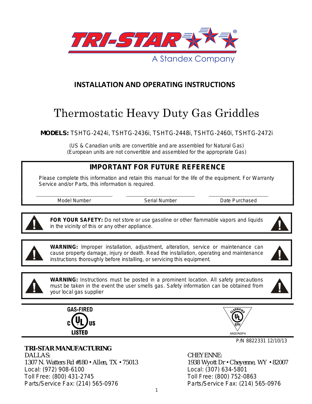 Tri-Star Manufacturing TSHTG-2424i Service Manual