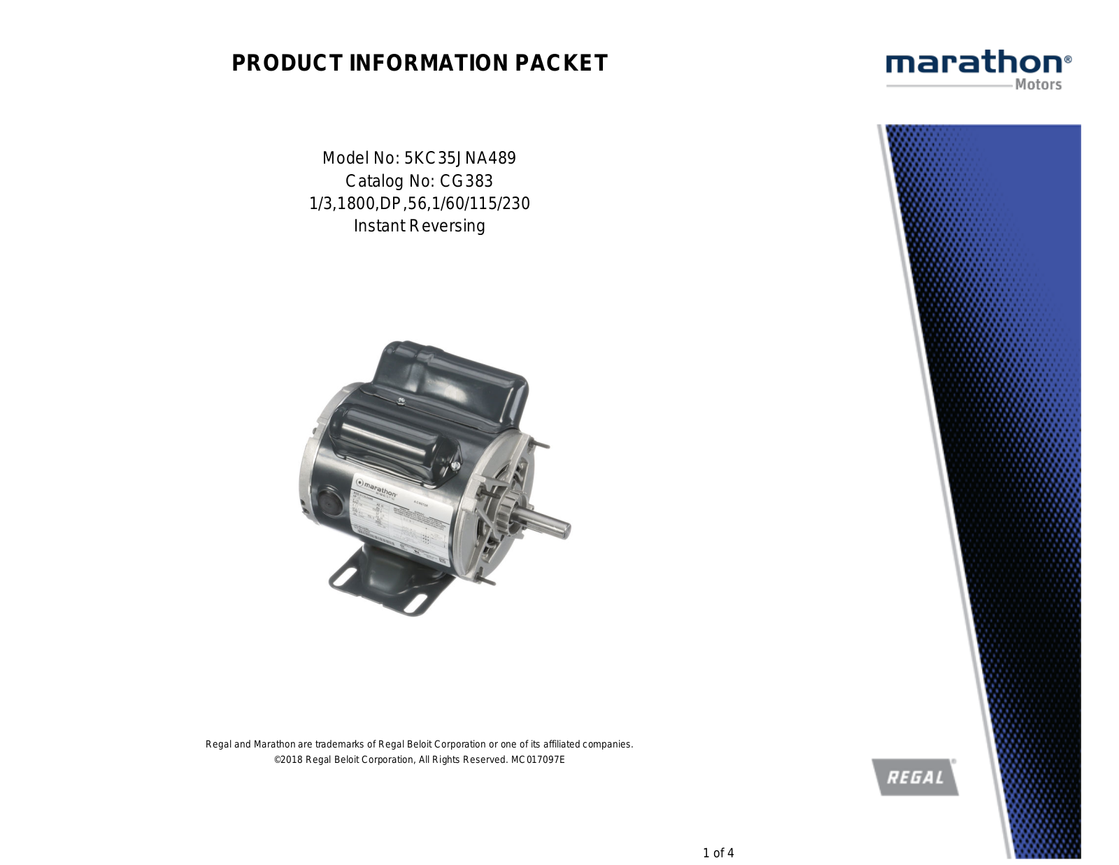 Marathon Electric 5KC35JNA489 Product Information Packet