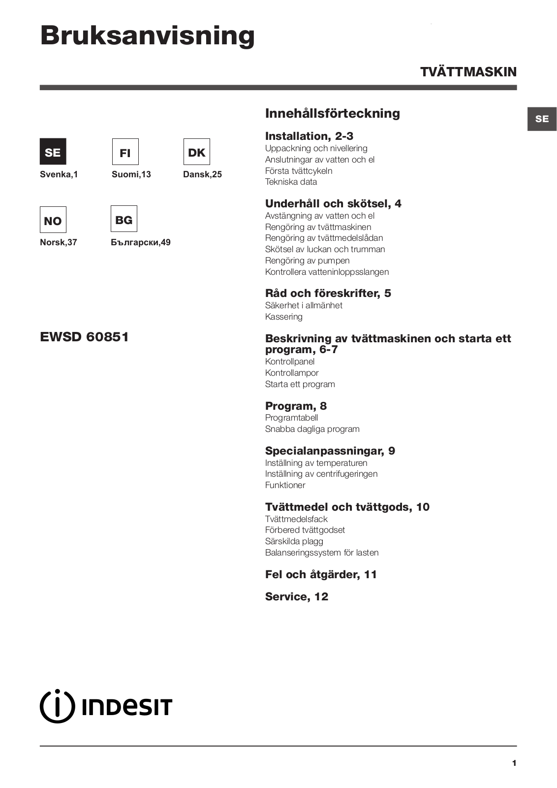 INDESIT EWSD 60851 W EU User Manual