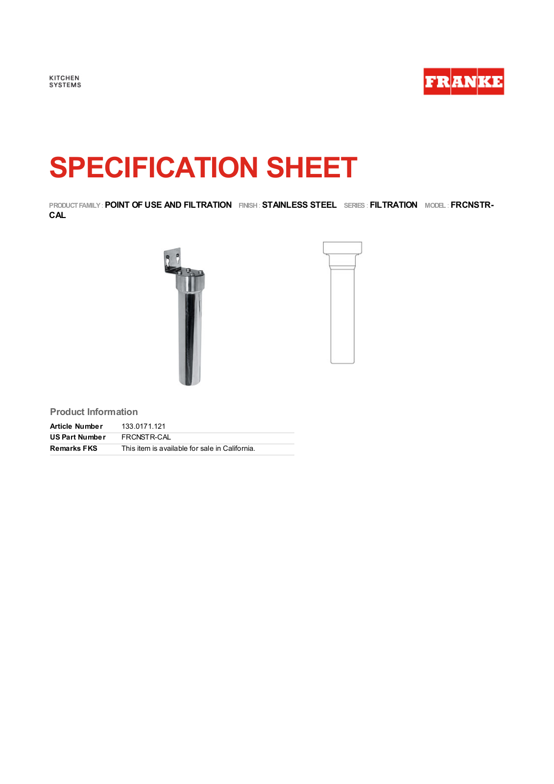 Franke Foodservice FRCNSTR-CAL User Manual