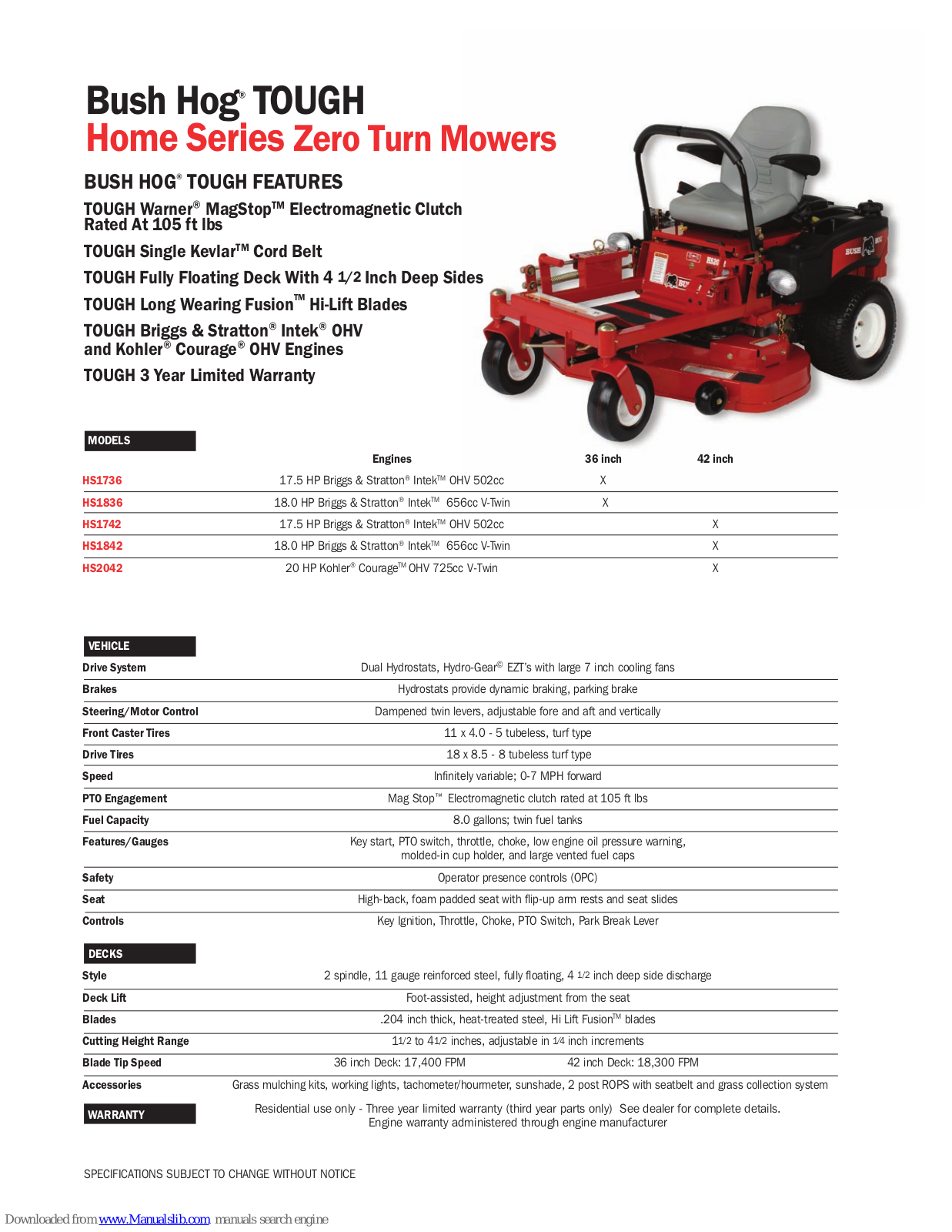 Bush Hog TOUGH HS1736, TOUGH HS1742, TOUGH HS1842, TOUGH HS1836, TOUGH HS2042 Specifications