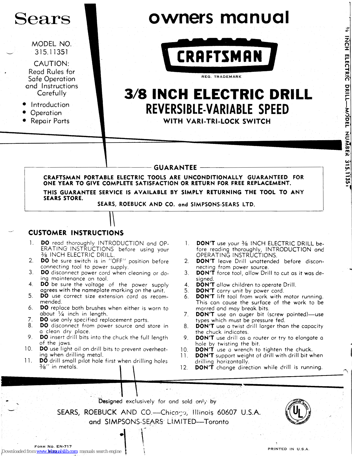 Craftsman 315.11351 Owner's Manual