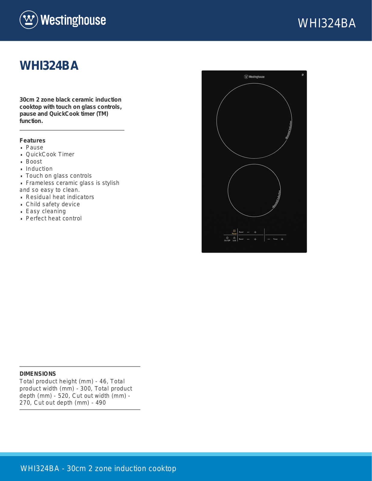 Westinghouse WHI324BA Specifications Sheet