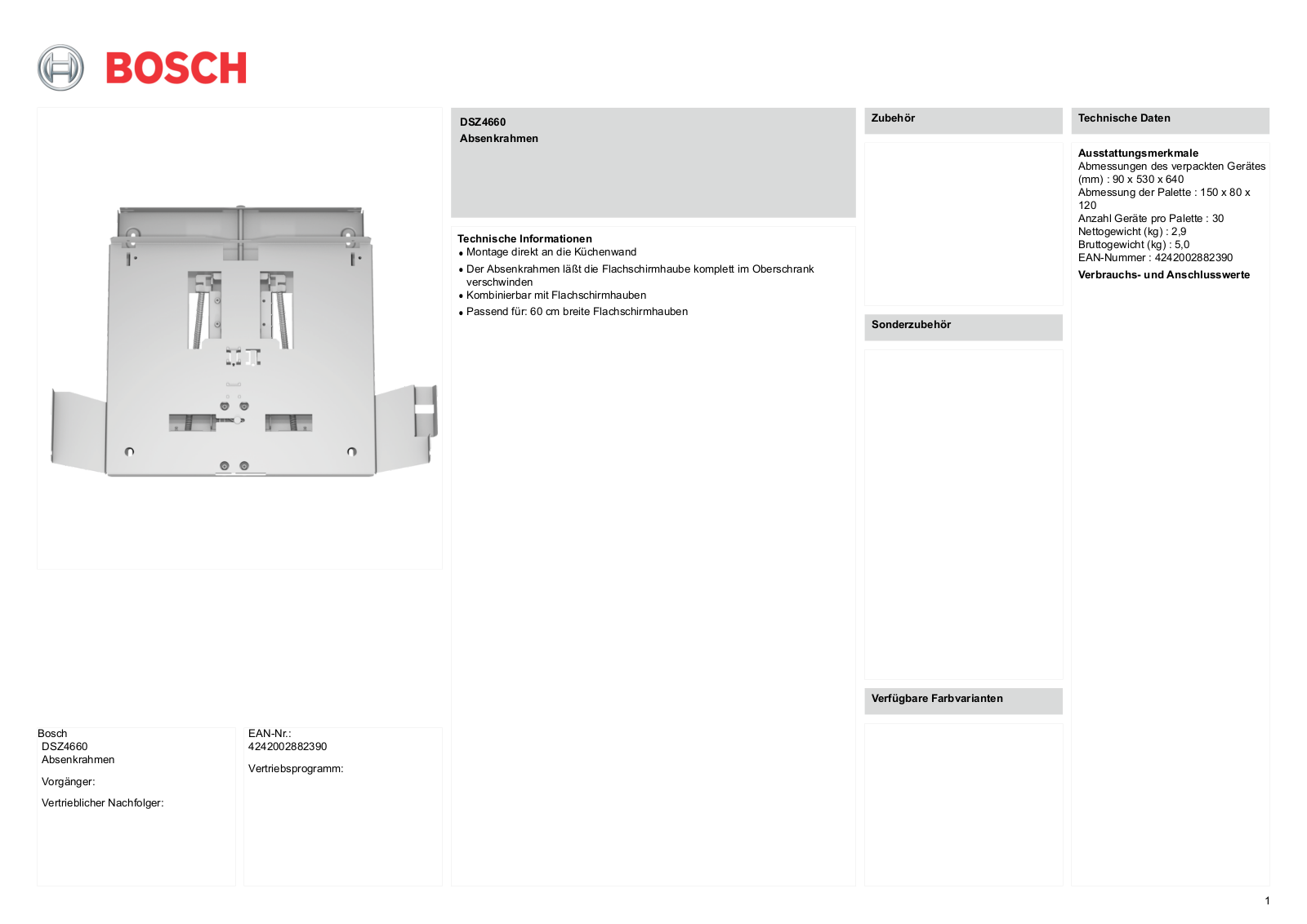 BOSCH DSZ4660 Technical data