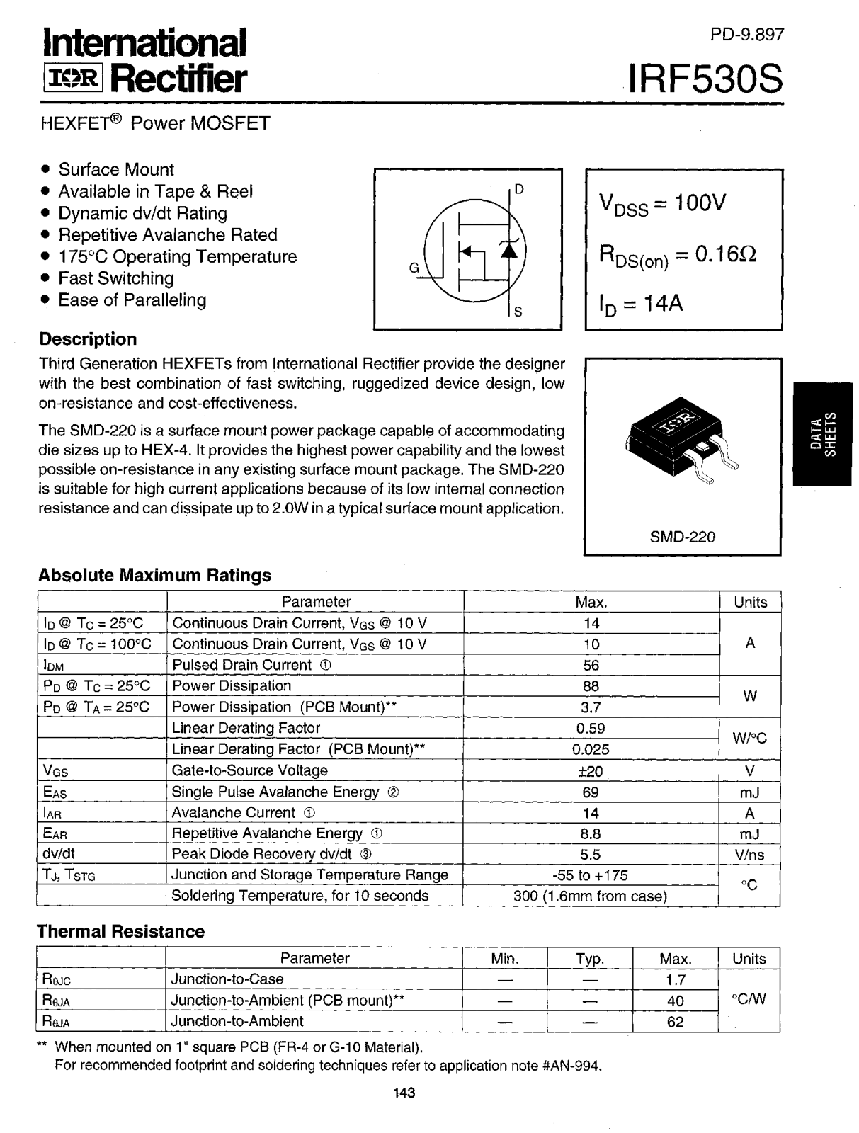 International Rectifier IRF530S Datasheet