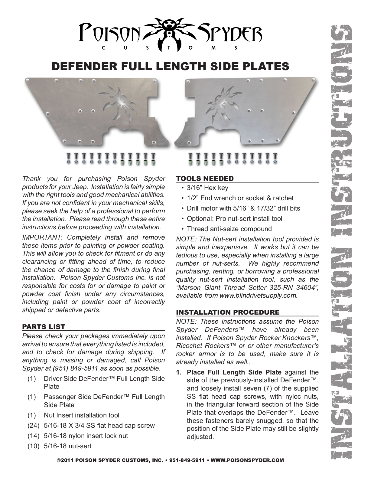 Poison Spyder DEFENDER FULL LENGTH SIDE PLATES User Manual