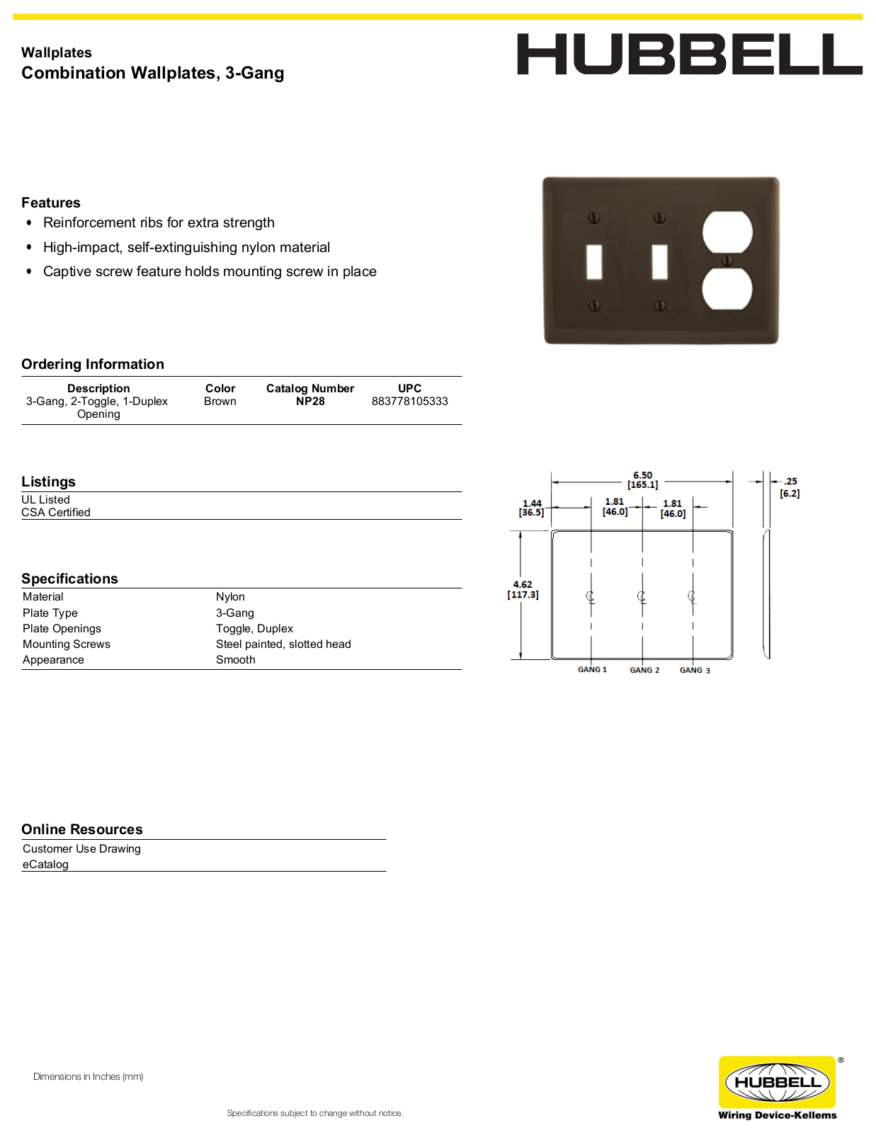 Hubbell NP28 Specifications