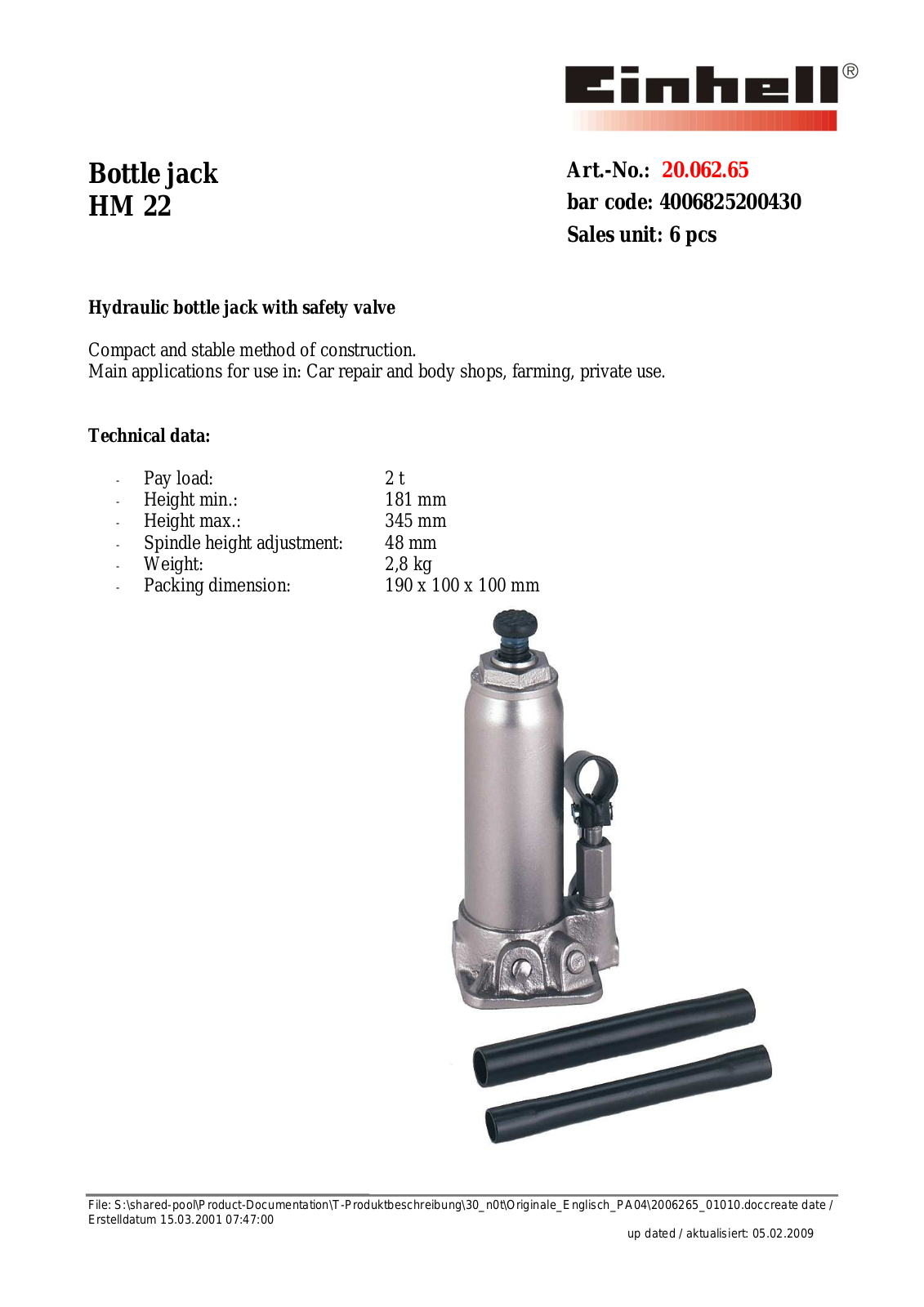 Einhell HM 22 DATASHEET