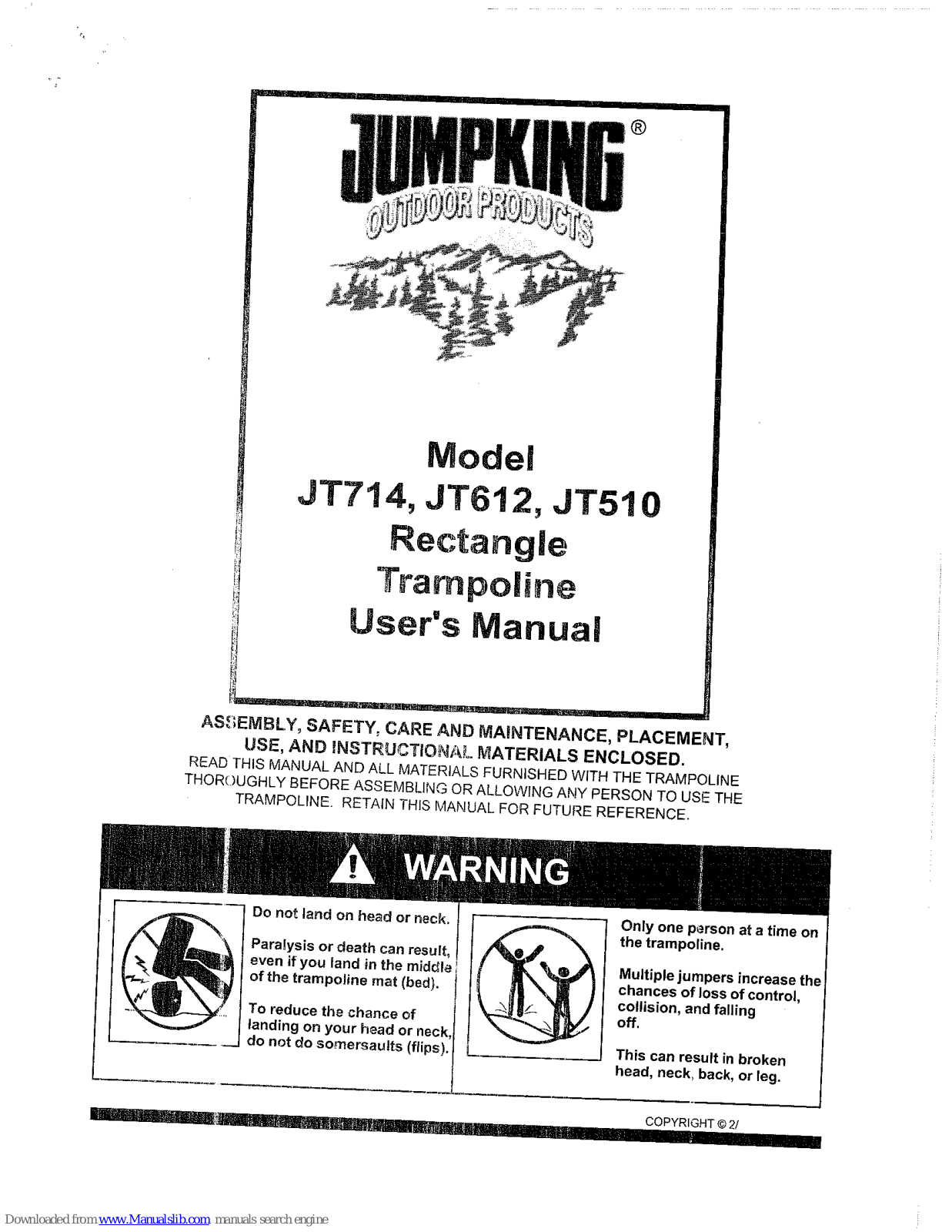 Jumpking Rectangle Trampoline JT510, JT714, JT612 User Manual