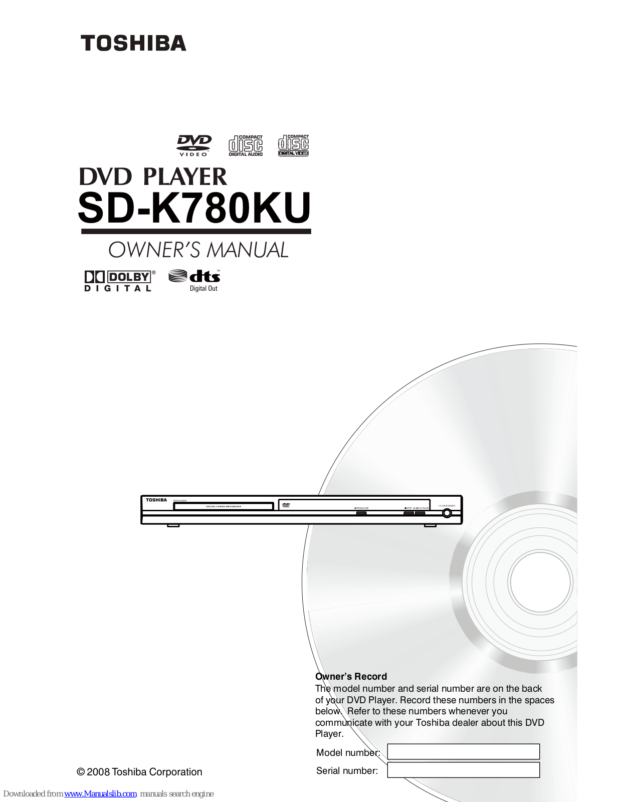 Toshiba SD-K780 - MULTI REGION ZONE DVD PLAYER, SDK780 - Progressive Scan DVD Player Owner's Manual