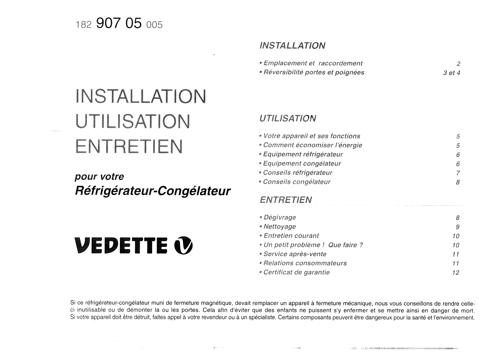 Vedette RC5284BD, RC5286, RC5254, RC5256BD, RC5255BD User Manual