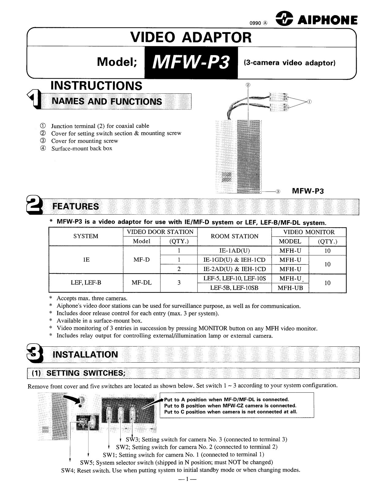 Aiphone MFW-P3CB INSTALLATION INSTRUCTIONS