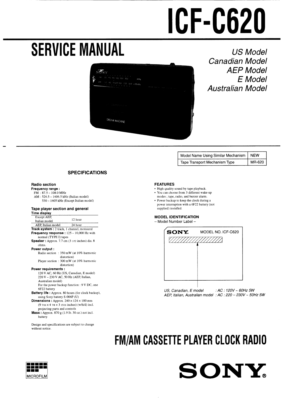 Sony ICF-C620 Service manual