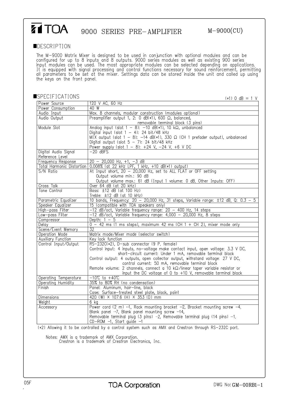 Toa 9000 Series, M-9000, M-9000CU Specifications