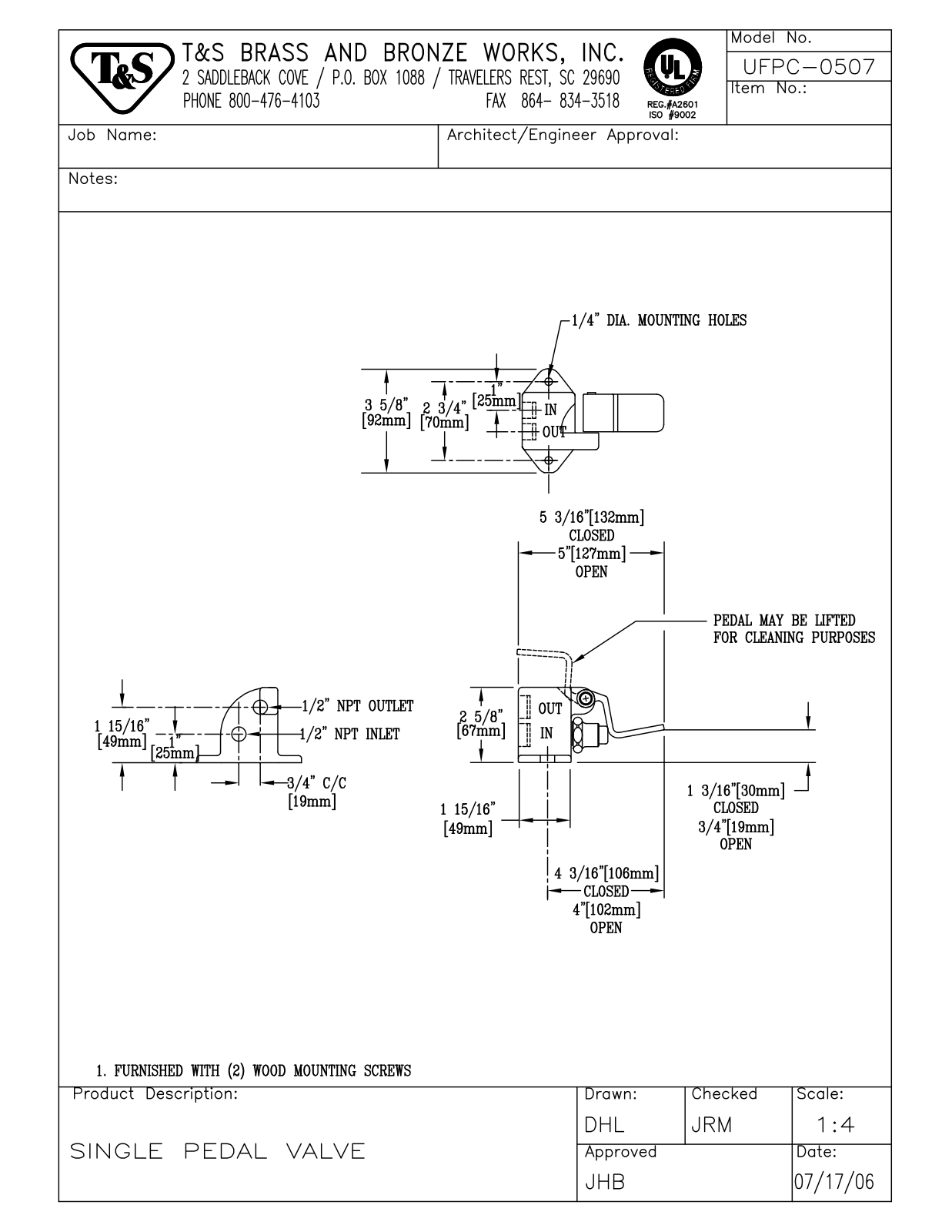 T&S Brass UFPC-0507 User Manual