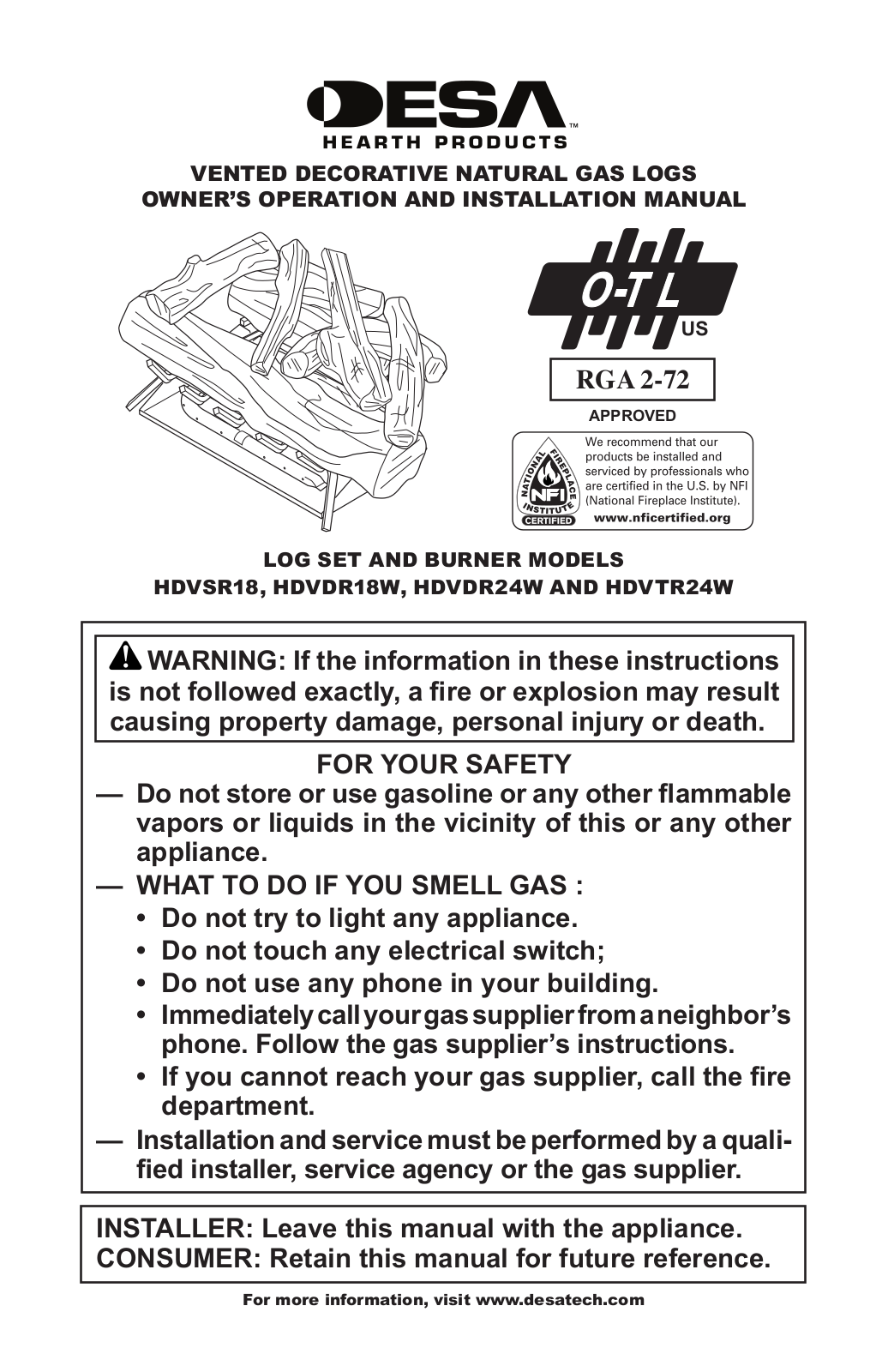 Desa HDVSR78, HDVDR18W, HDVDR24W, HDVTR24W Owner's Operation And Installation Manual