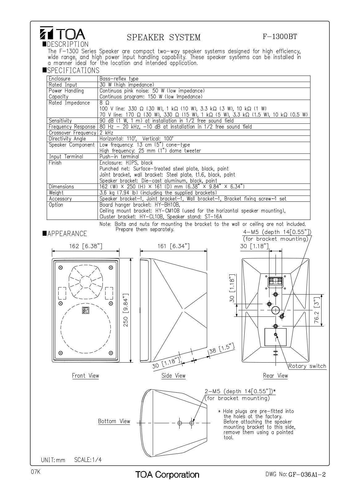 TOA F-1300BTWP, F-1300BT User Manual