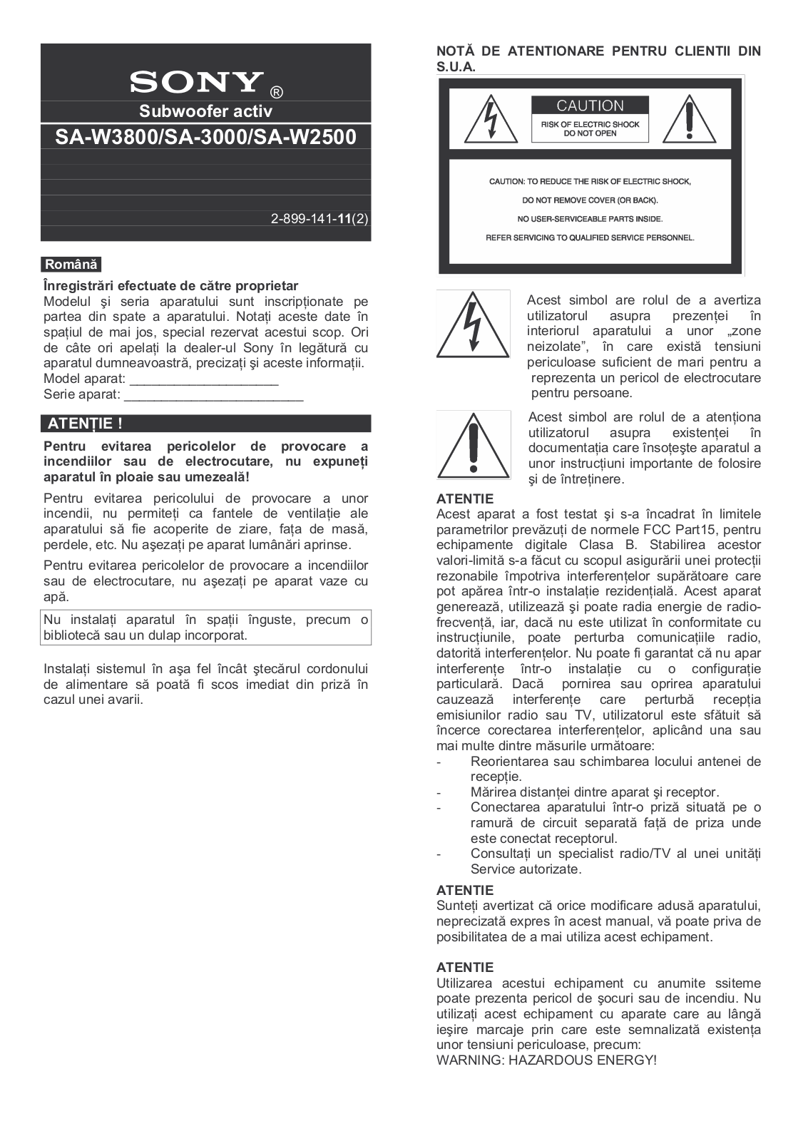 Sony SA-W3800, SA-W2500, SA-W3000 User Manual