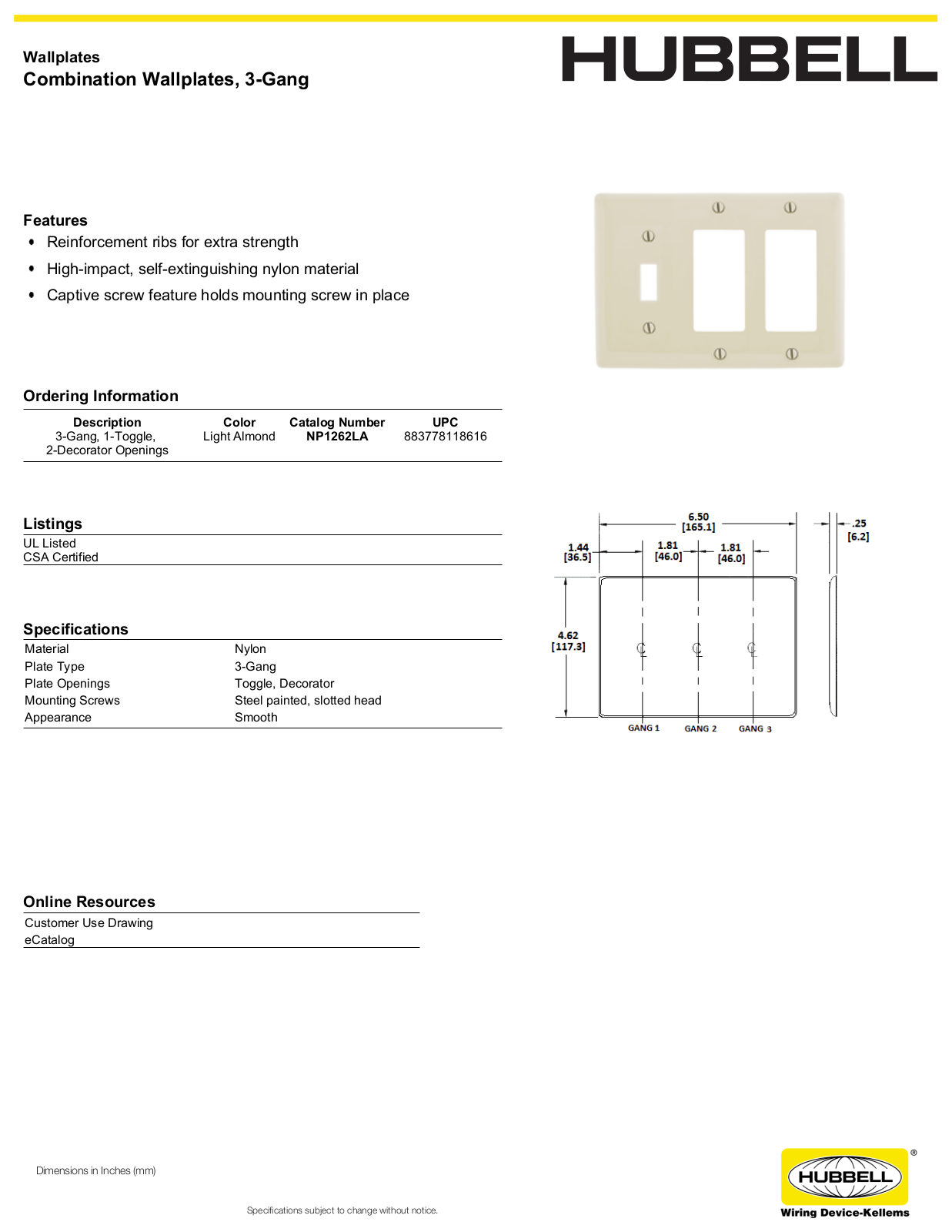 Hubbell NP1262LA Specifications