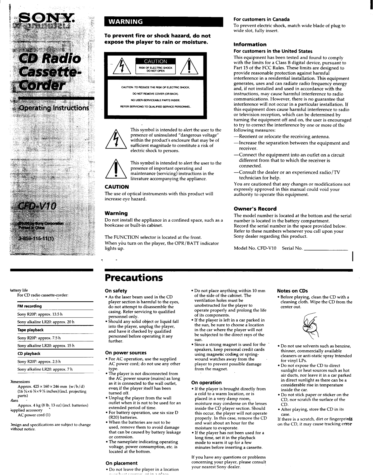 Sony CFD-V10 Operating Manual