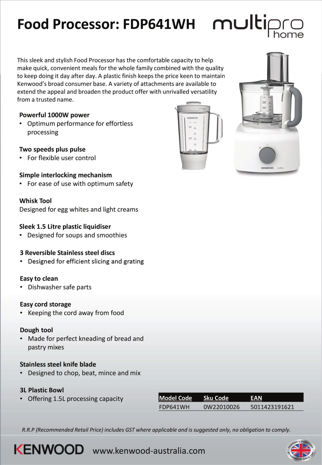 Kenwood FDP641WH Specifications Sheet