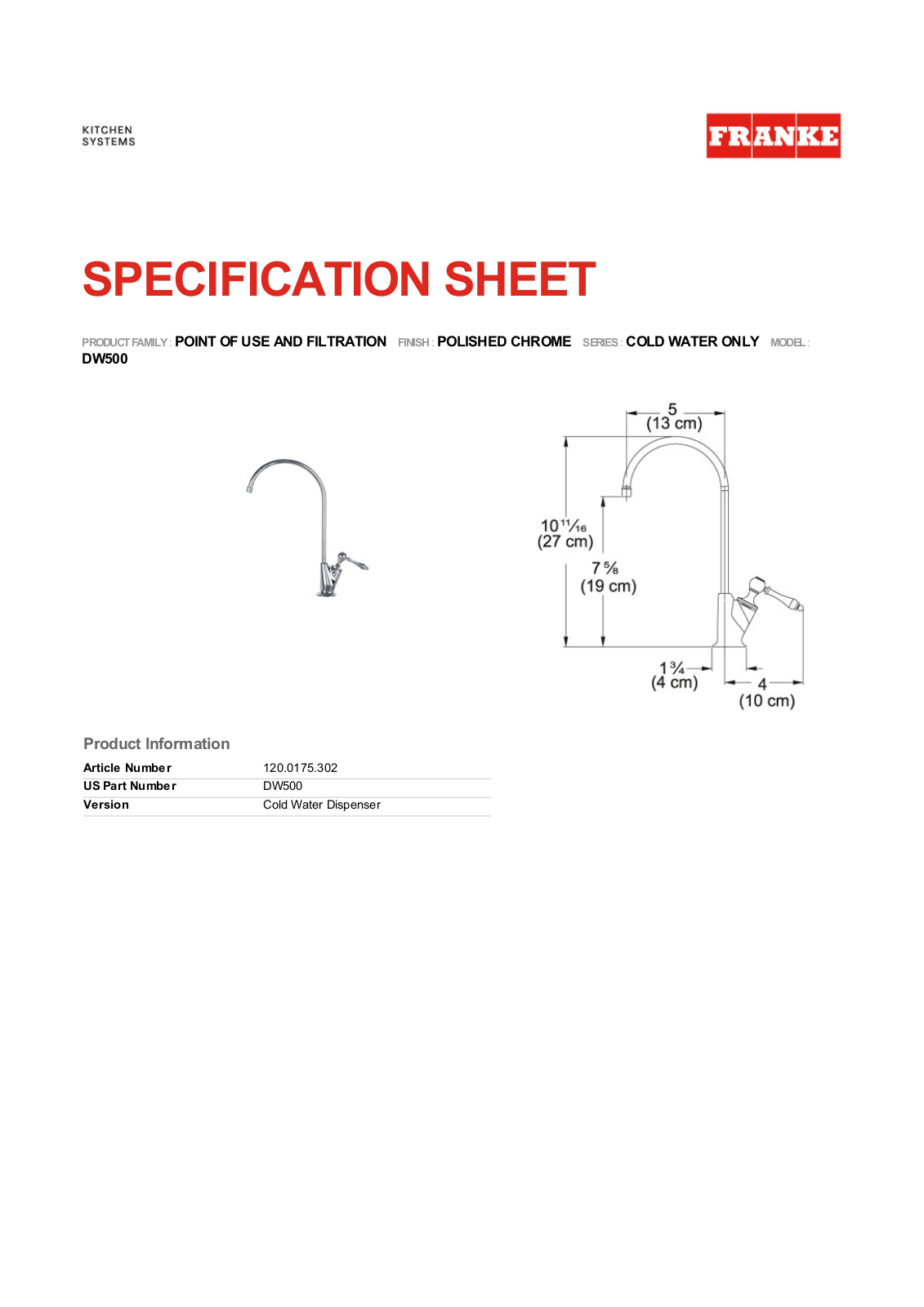 Franke Foodservice DW500 Specification