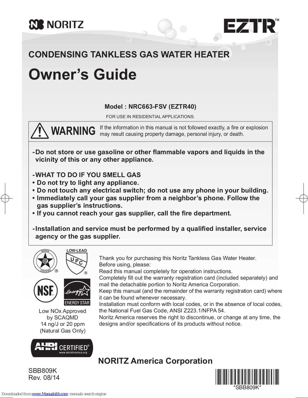 Noritz NRC663-FSV, EZTR40 Owner's Manual