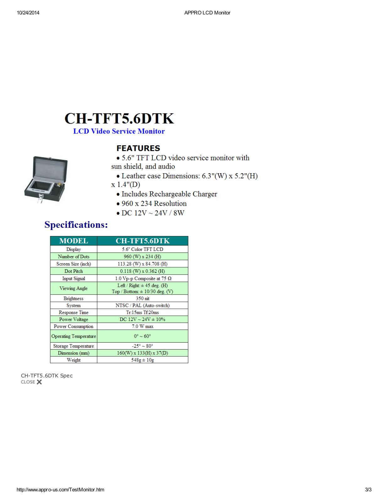 Appro CH-TFT5-6DTK Specsheet