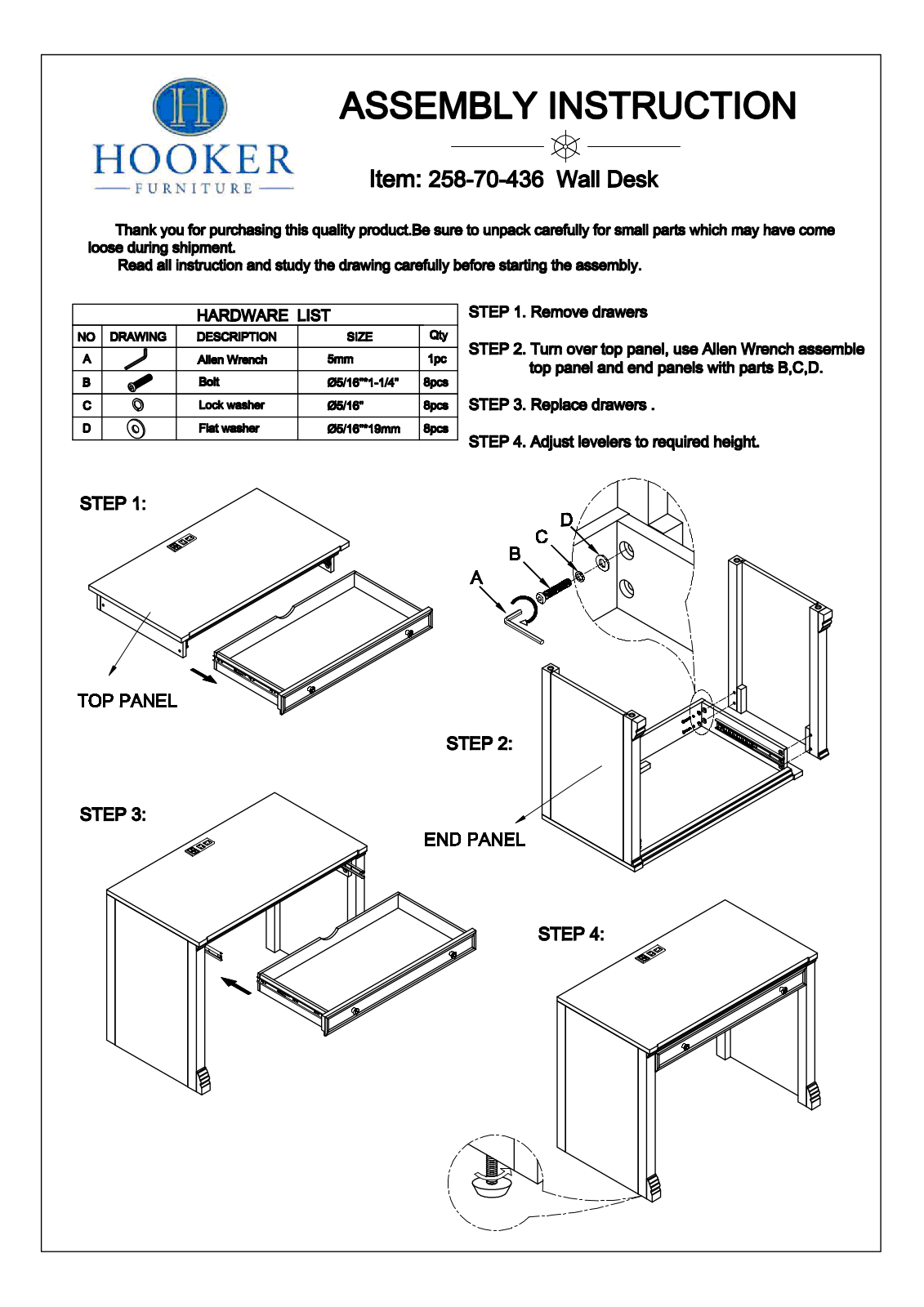 Hooker Furniture 25870436 Assembly Guide