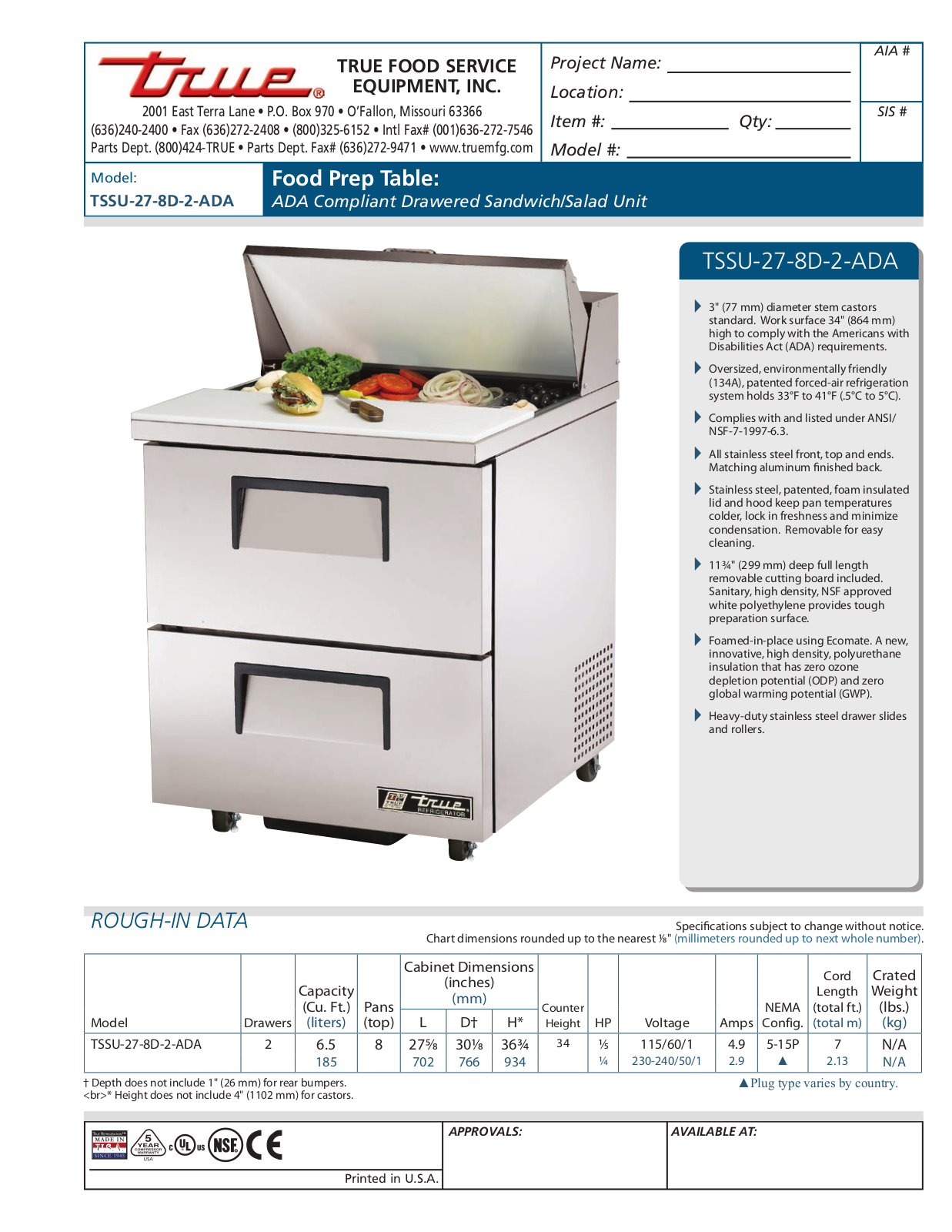 True TSSU-27-8D-2-ADA User Manual