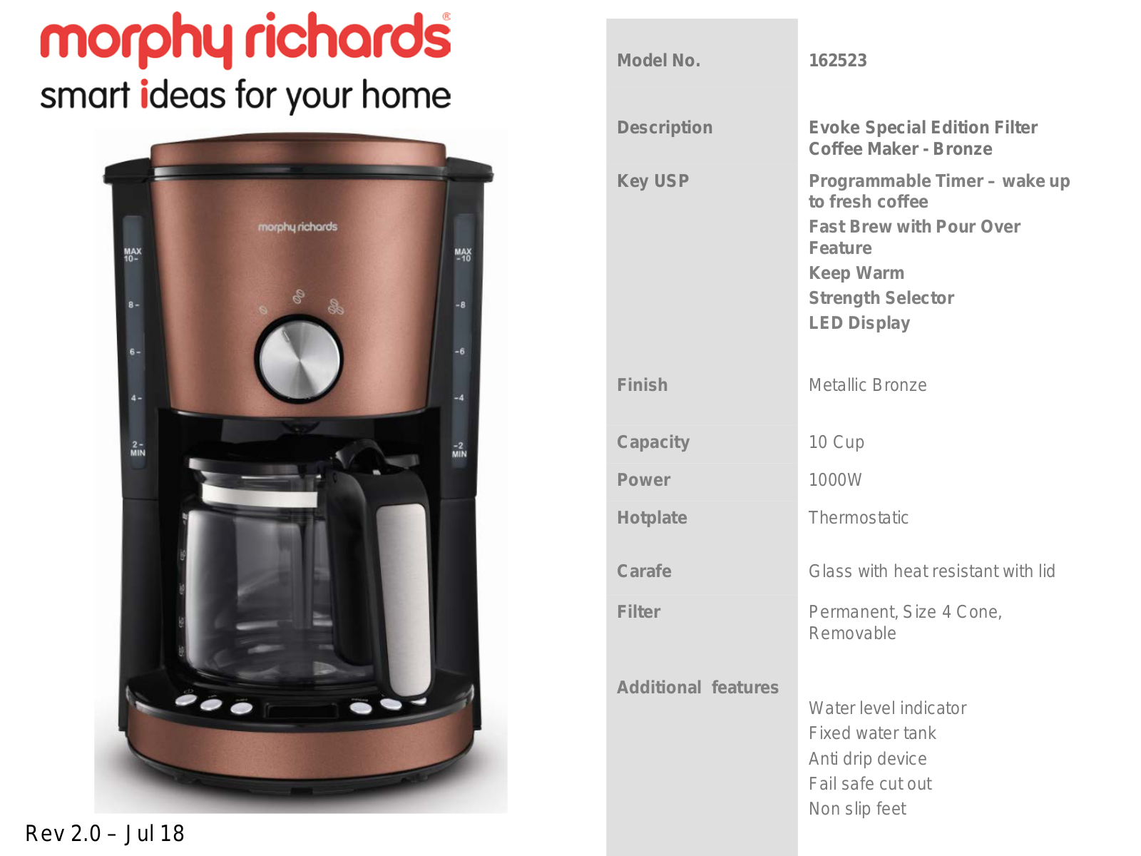 Morphy Richards 162523 Specifications Sheet