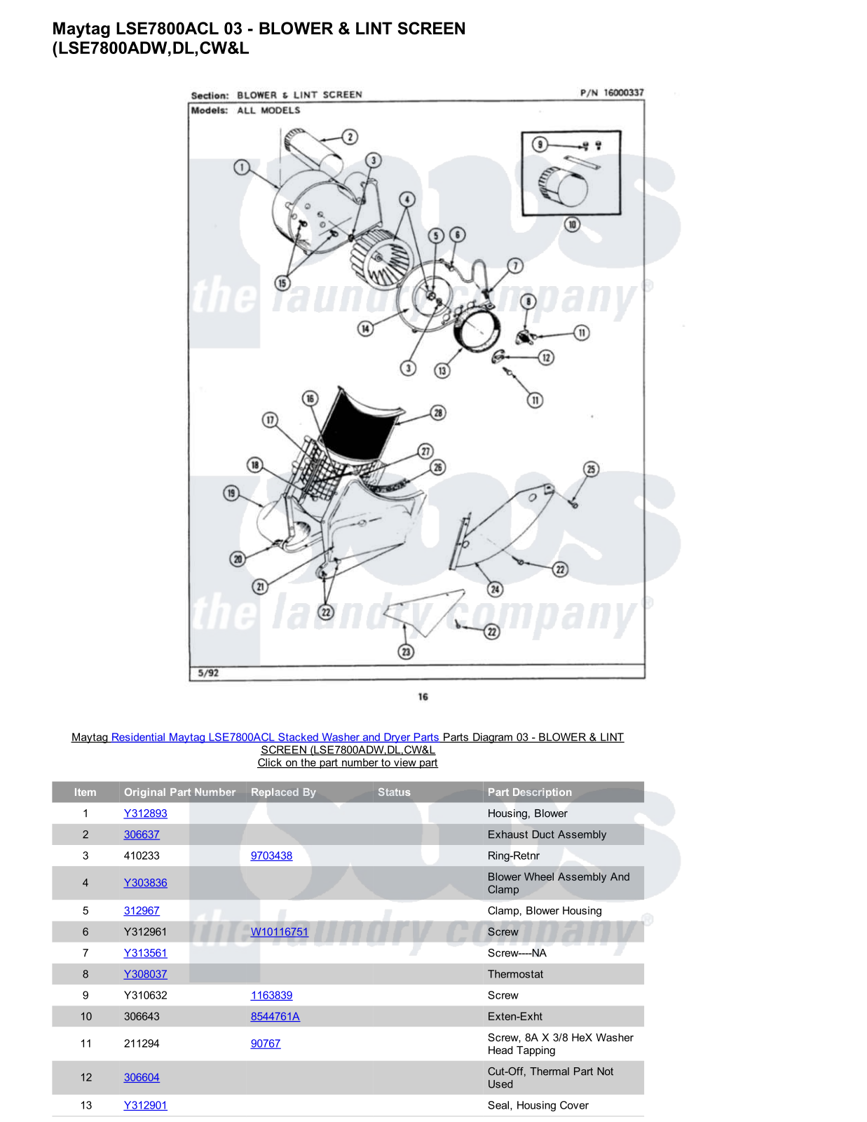 Maytag LSE7800ACL Stacked and Parts Diagram