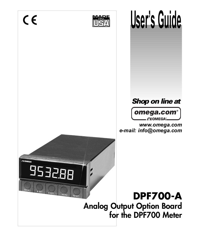 Omega Products DPF700-A Installation Manual