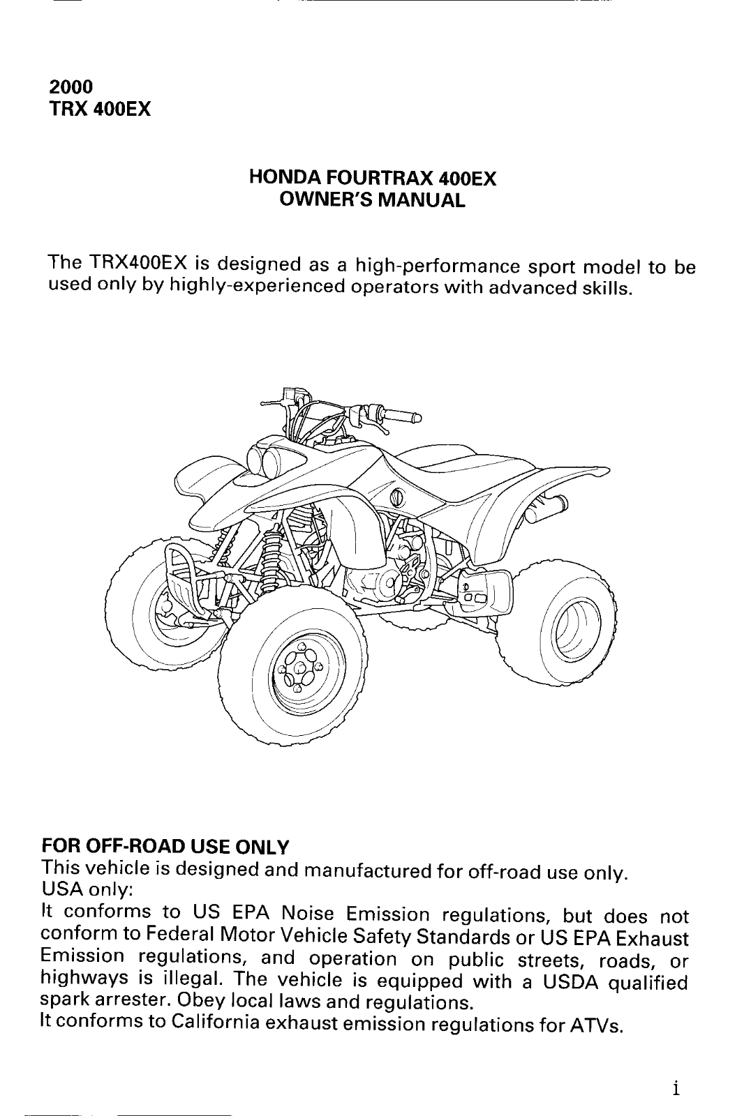 HONDA TRX400EX 2000 User Manual