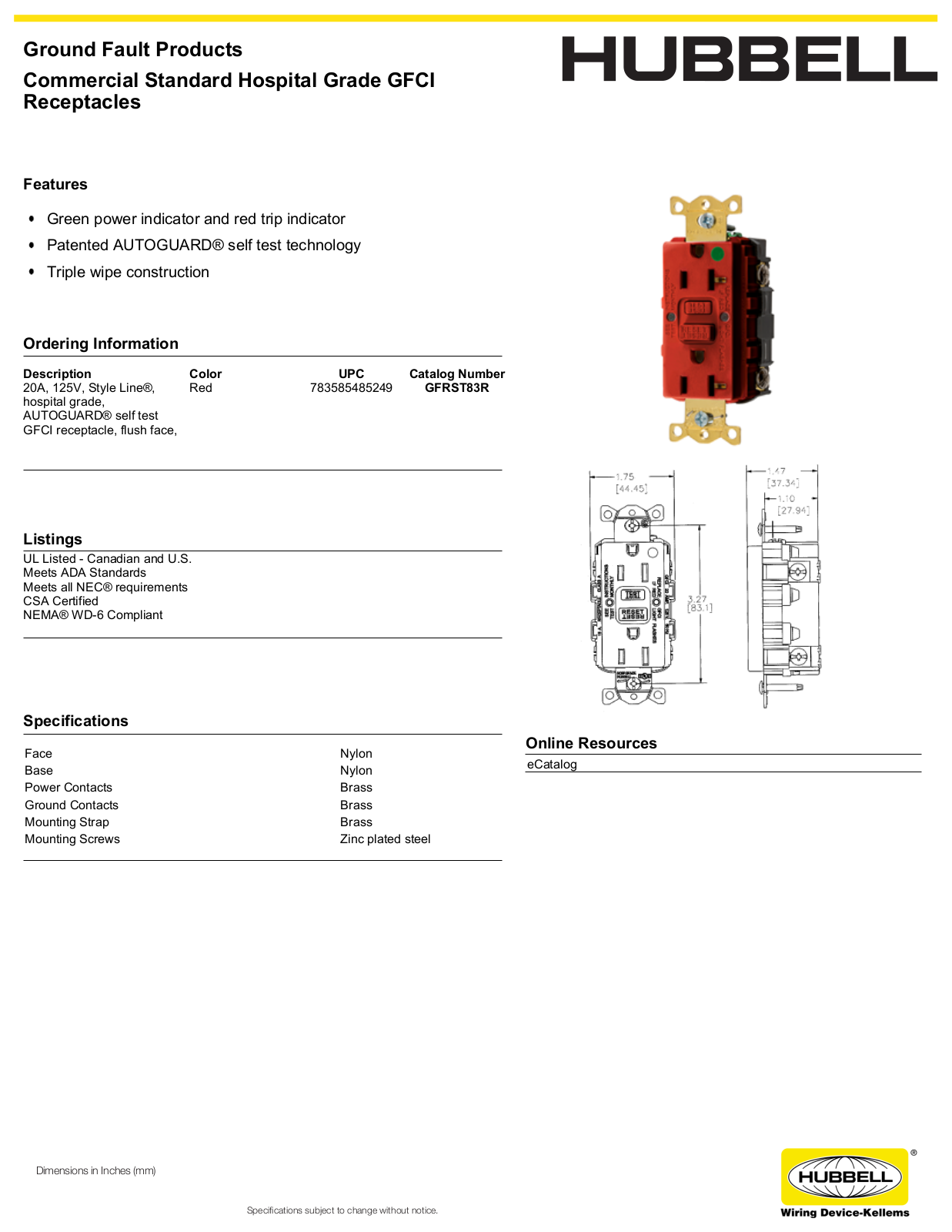 Hubbell GFRST83R Specifications