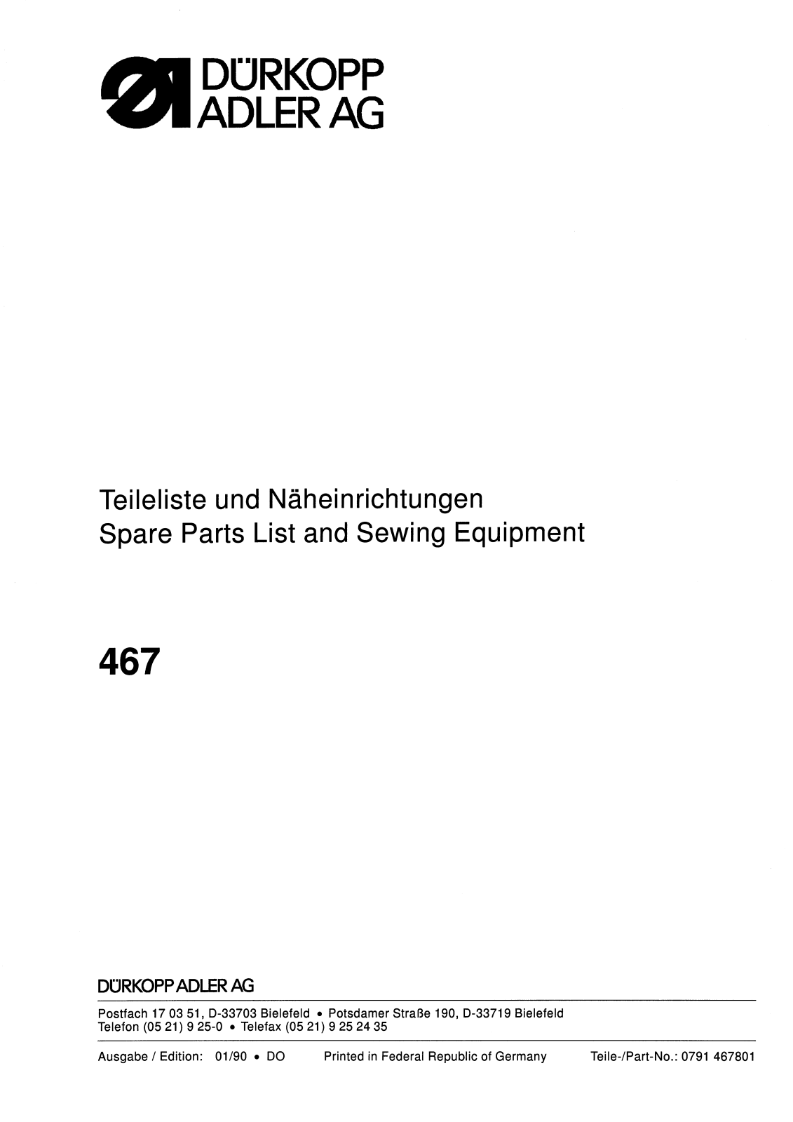 DURKOPP 467 Parts List