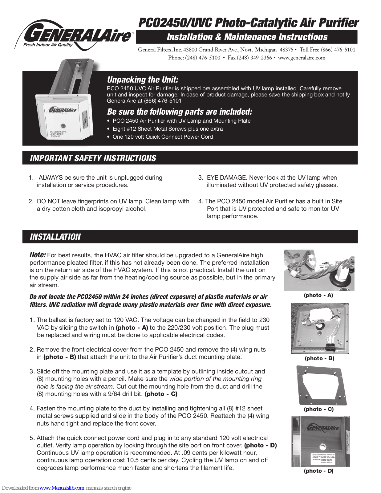 GeneralAire PCO 2450 UVC, PCO2450 Installation & Maintenance Instructions Manual