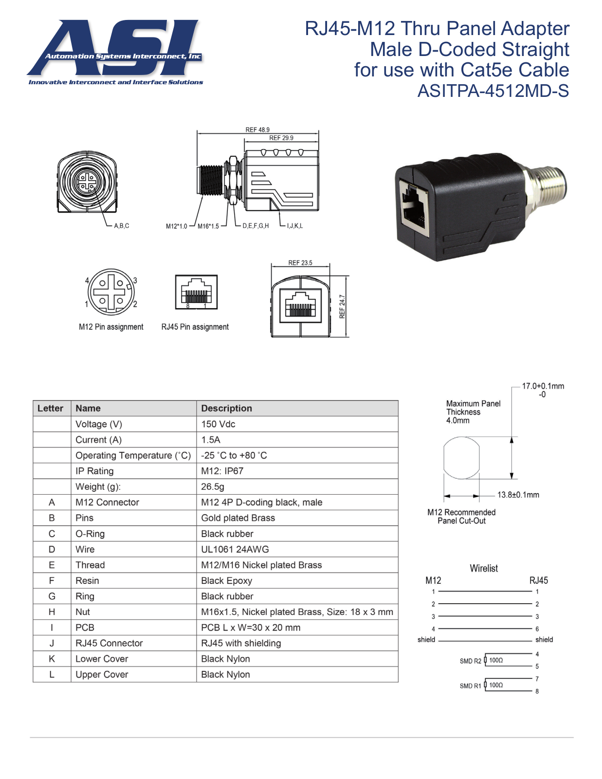 ASI-Automation Systems Interconnect ASITPA-4512MD-S Data Sheet