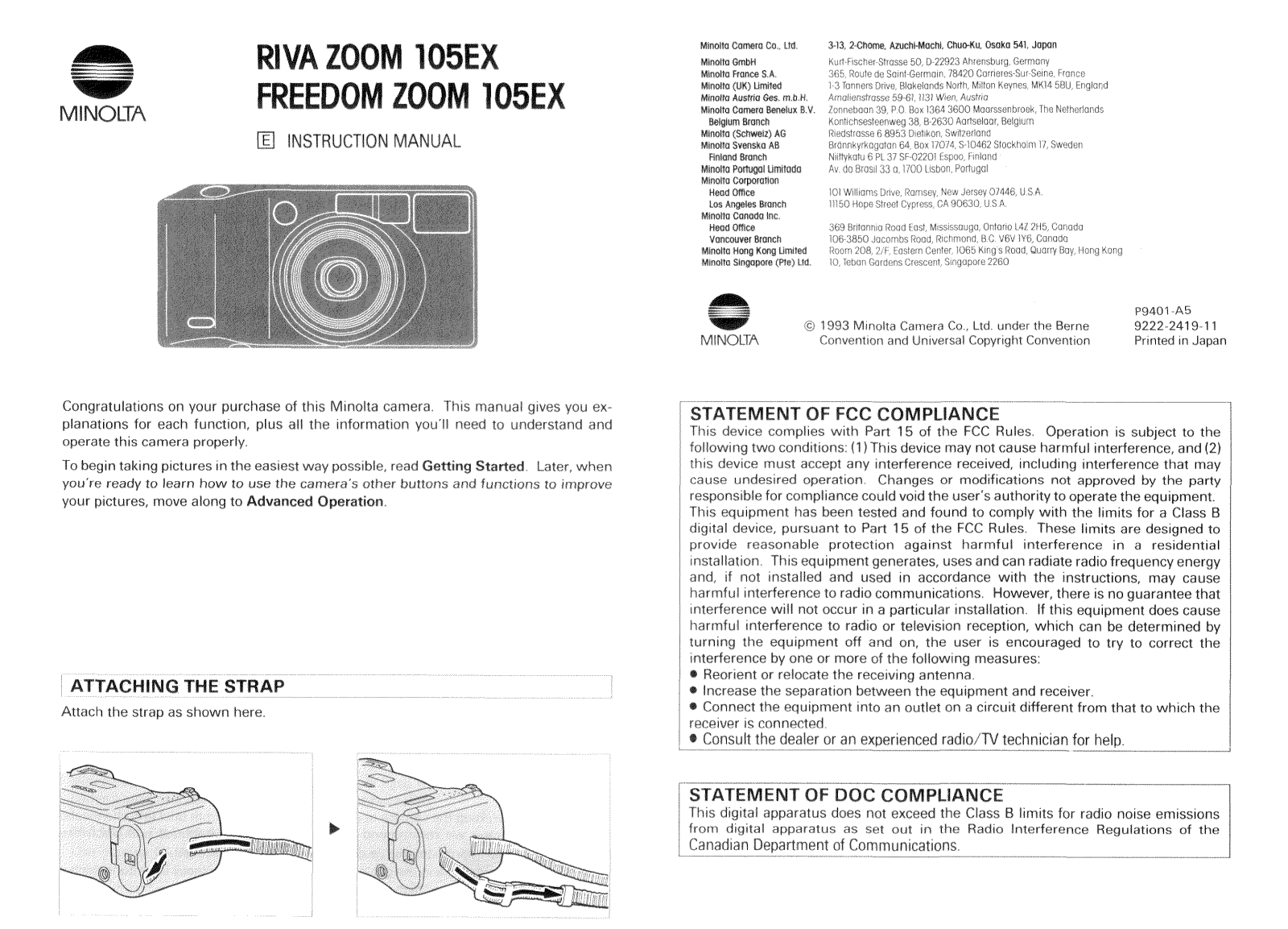 MINOLTA Freedom Zoom 105 EX, Riva Zoom 105 EX User Manual