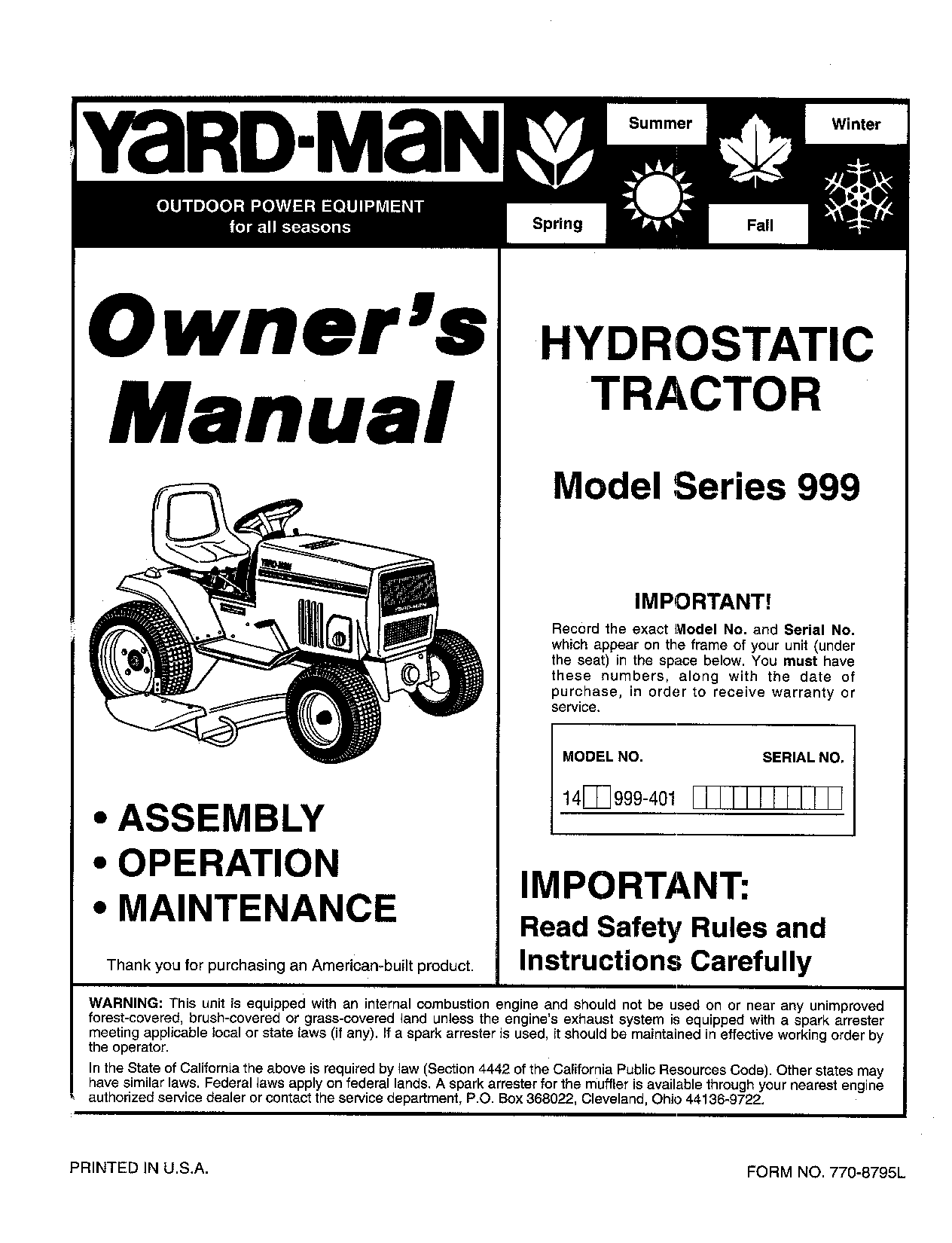 Yard-Man 999 User Manual