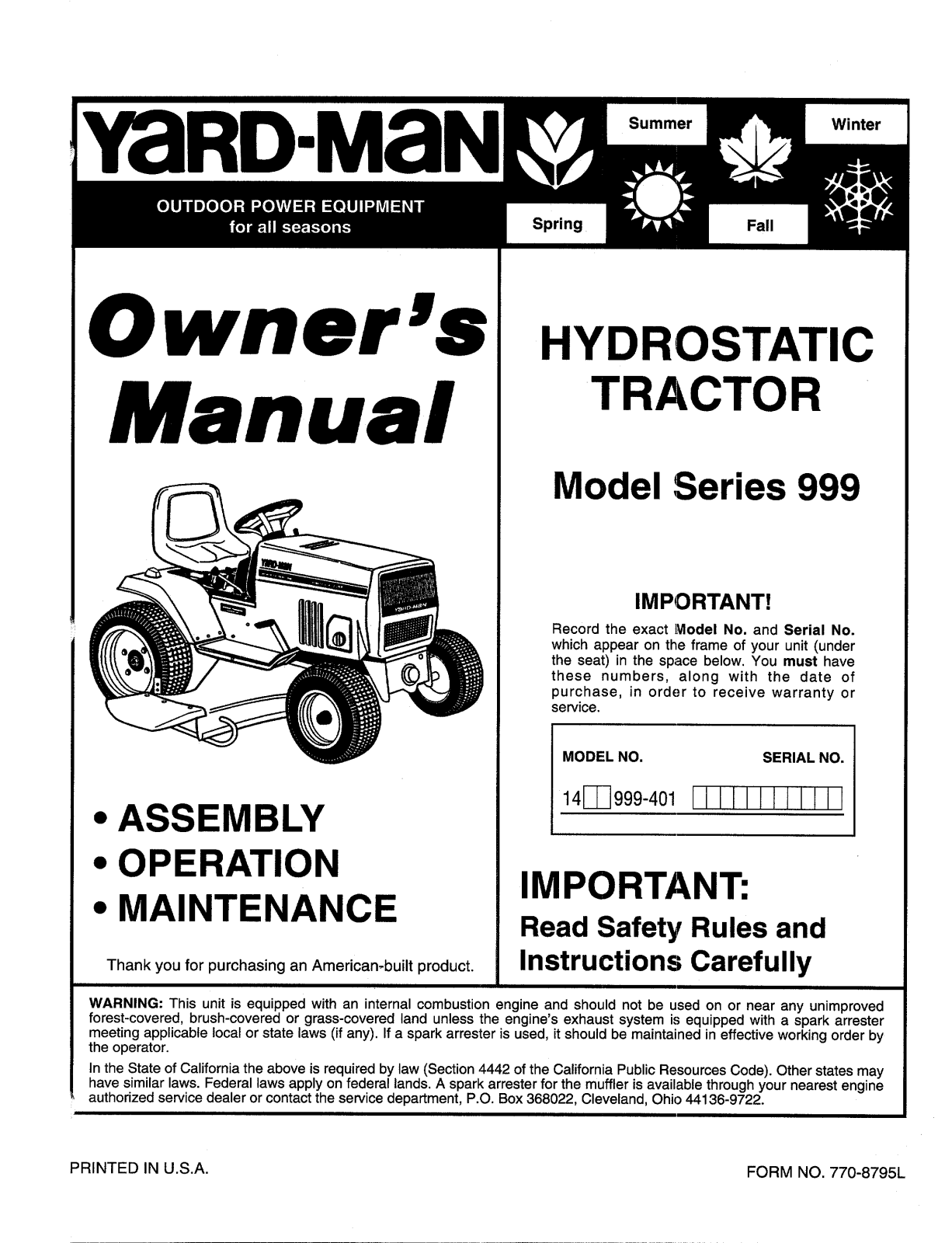 Yard-Man 999 User Manual