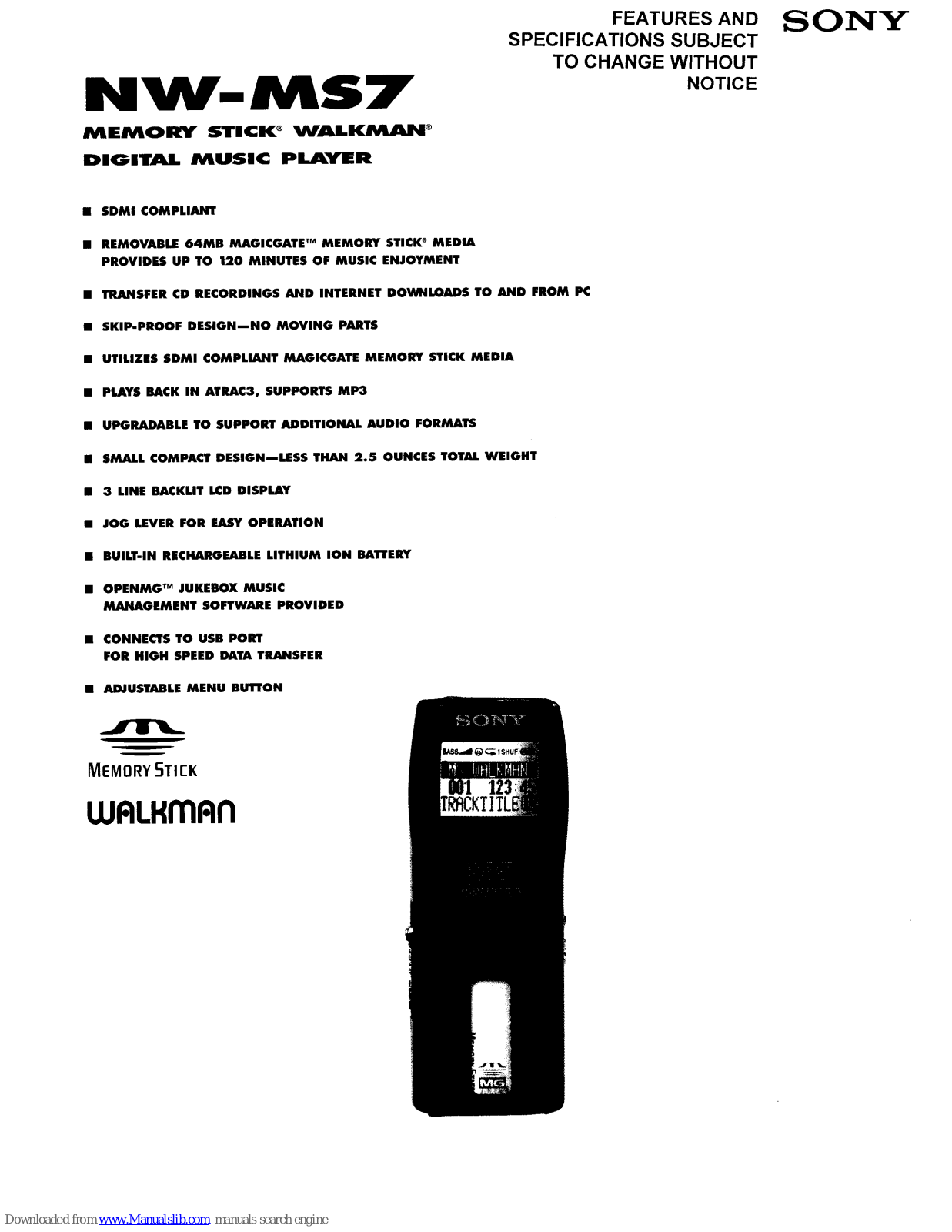 Sony NW-MS7 SonicStage v2.0, Walkman NW-MS7 Specifications