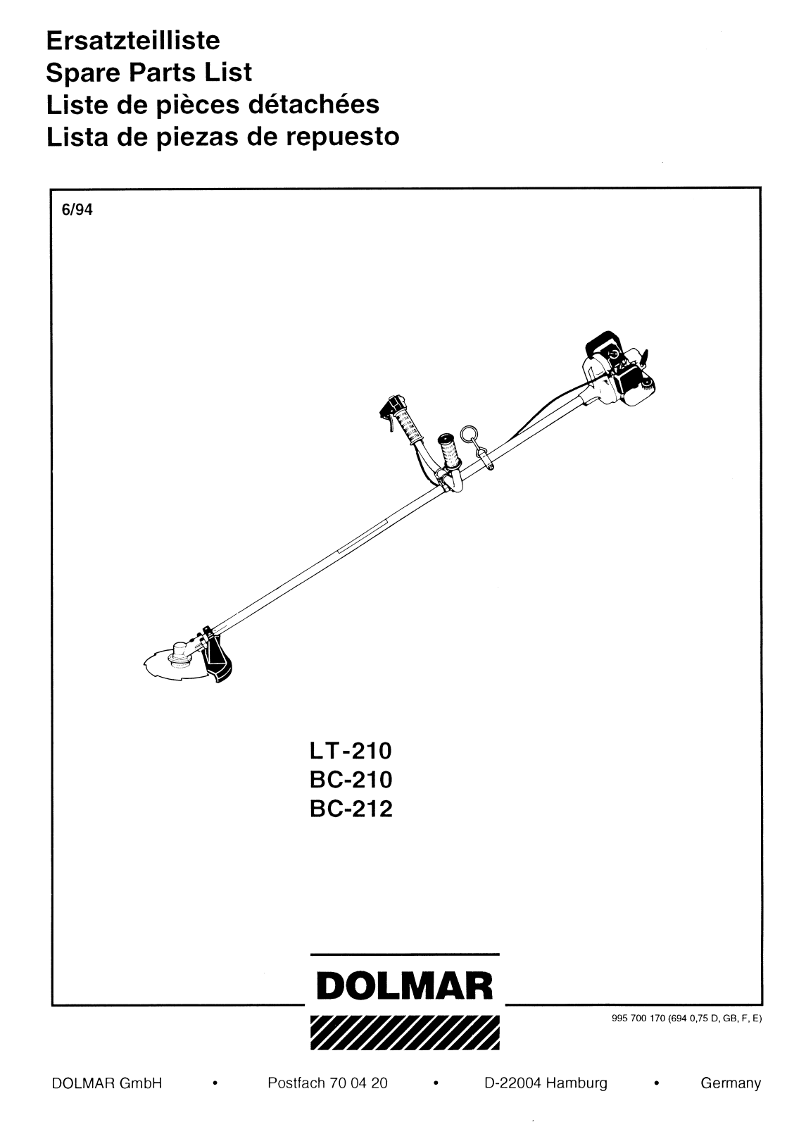 Dolmar LT-210, BC-210, BC-212 Spare Parts List