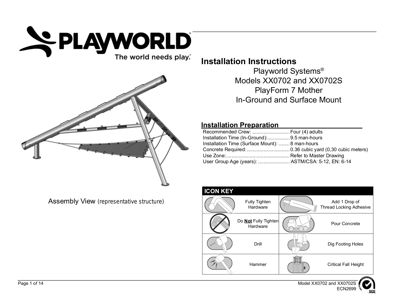 Playworld XX0702, XX0702S Installation Instructions Manual