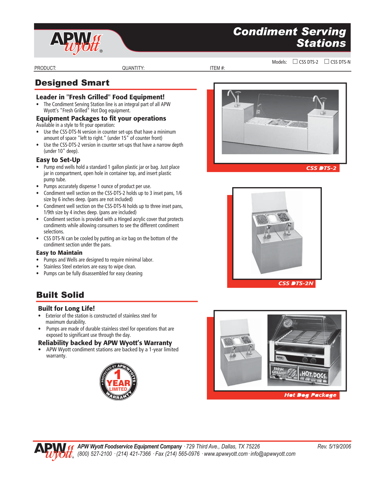 APW Wyott CSS-DTS-N5 Specifications