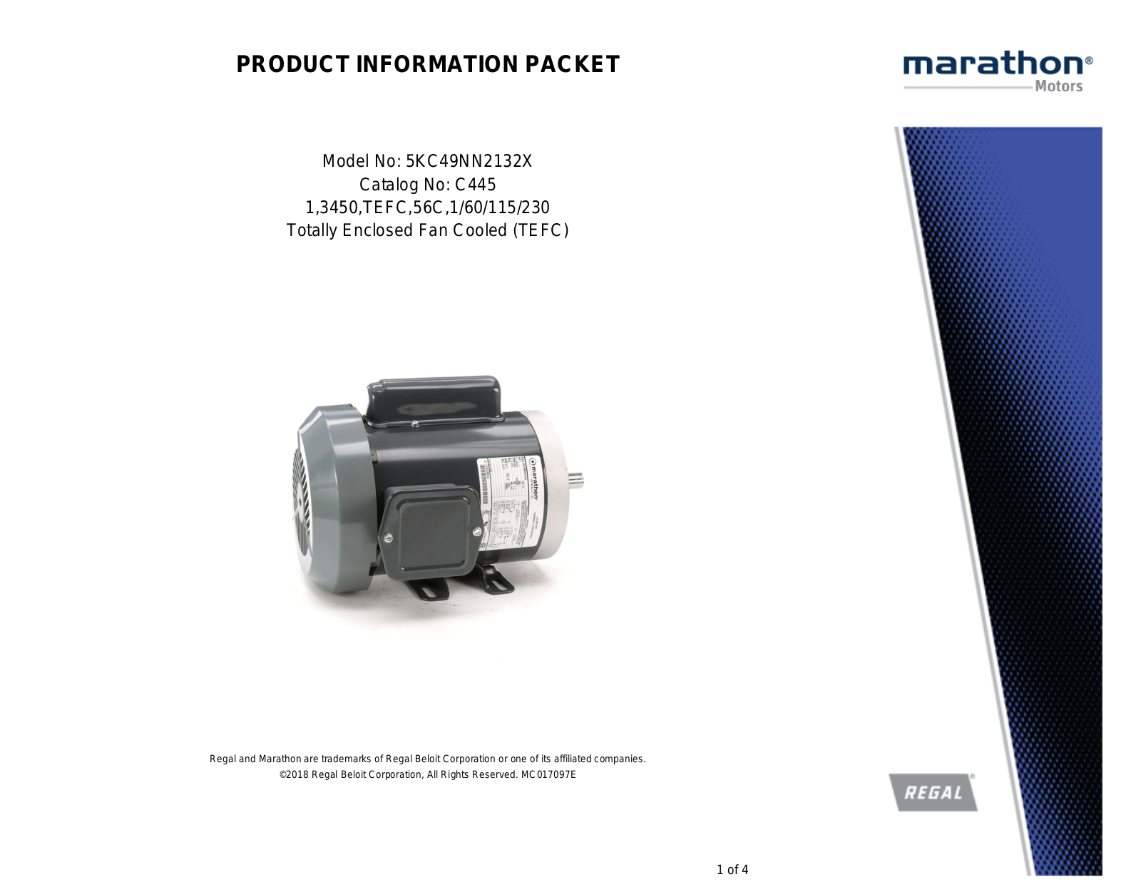 Marathon Electric 5KC49NN2132X Product Information Packet