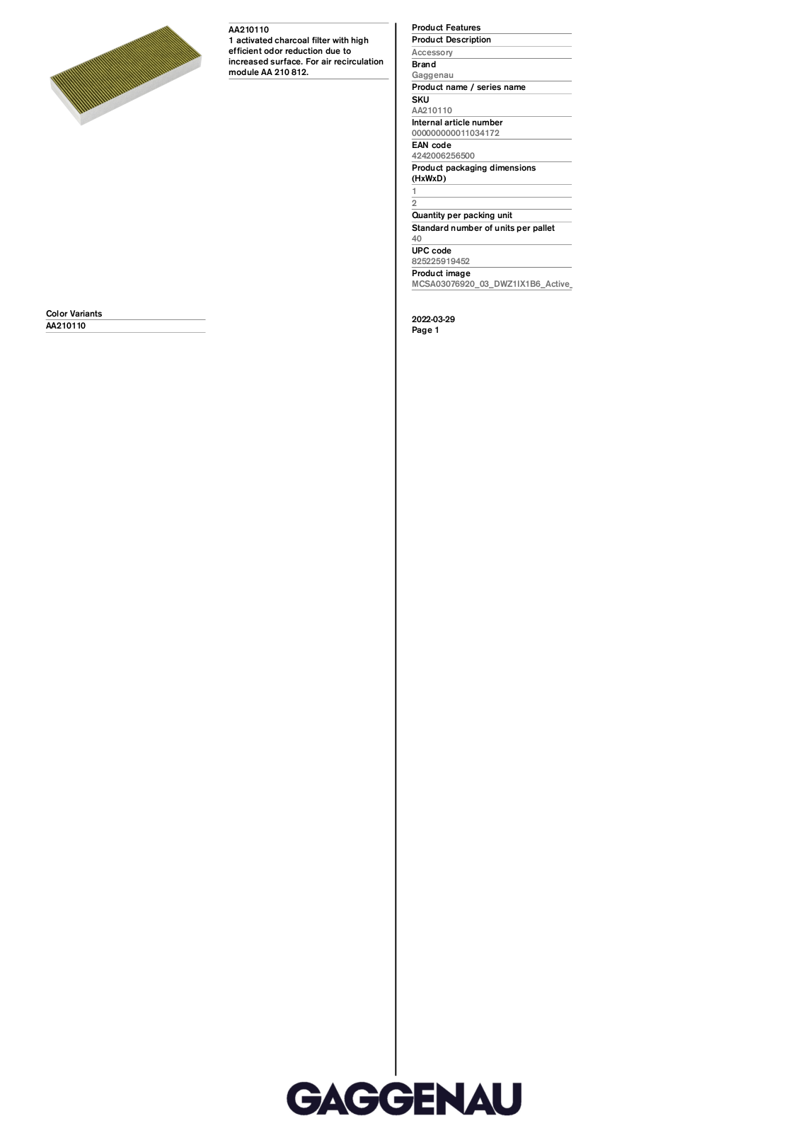 Gaggenau AA210110 Product specification sheet