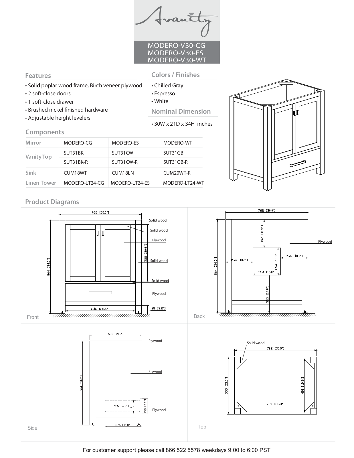 Avanity MODEROV30NB Specifications