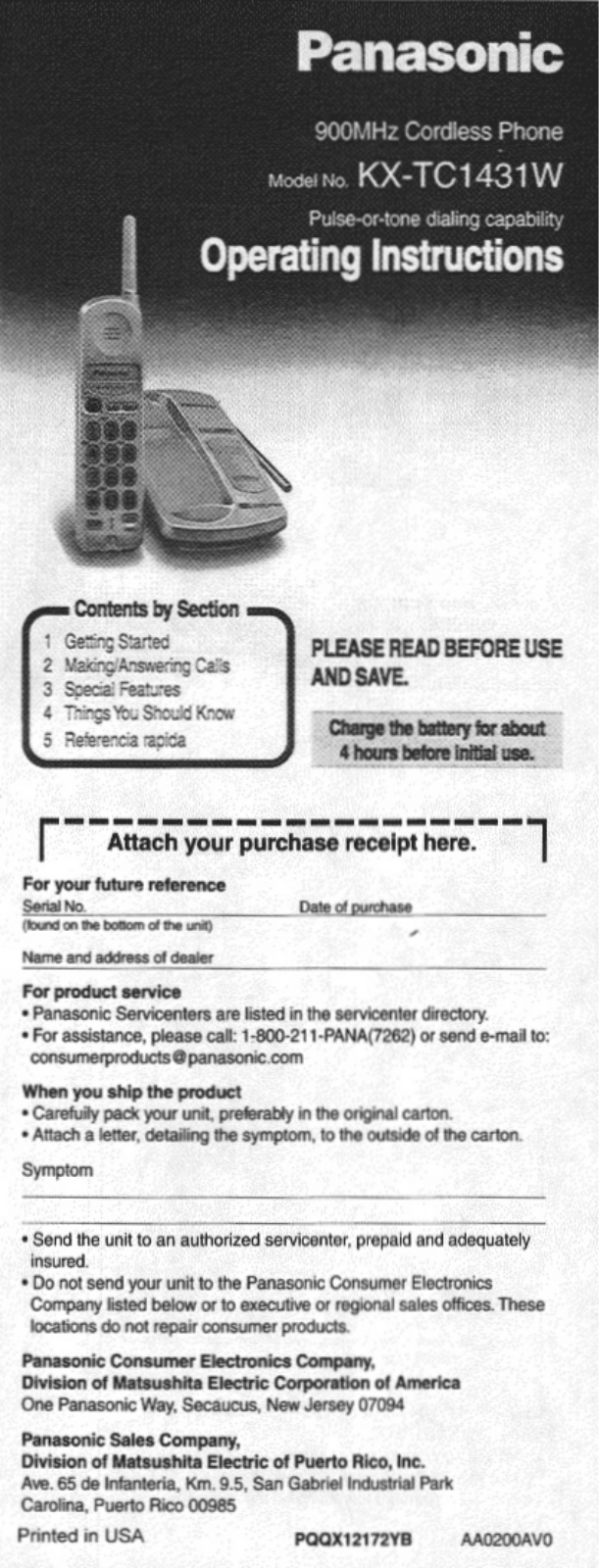 Panasonic kx-tc1431 Operation Manual